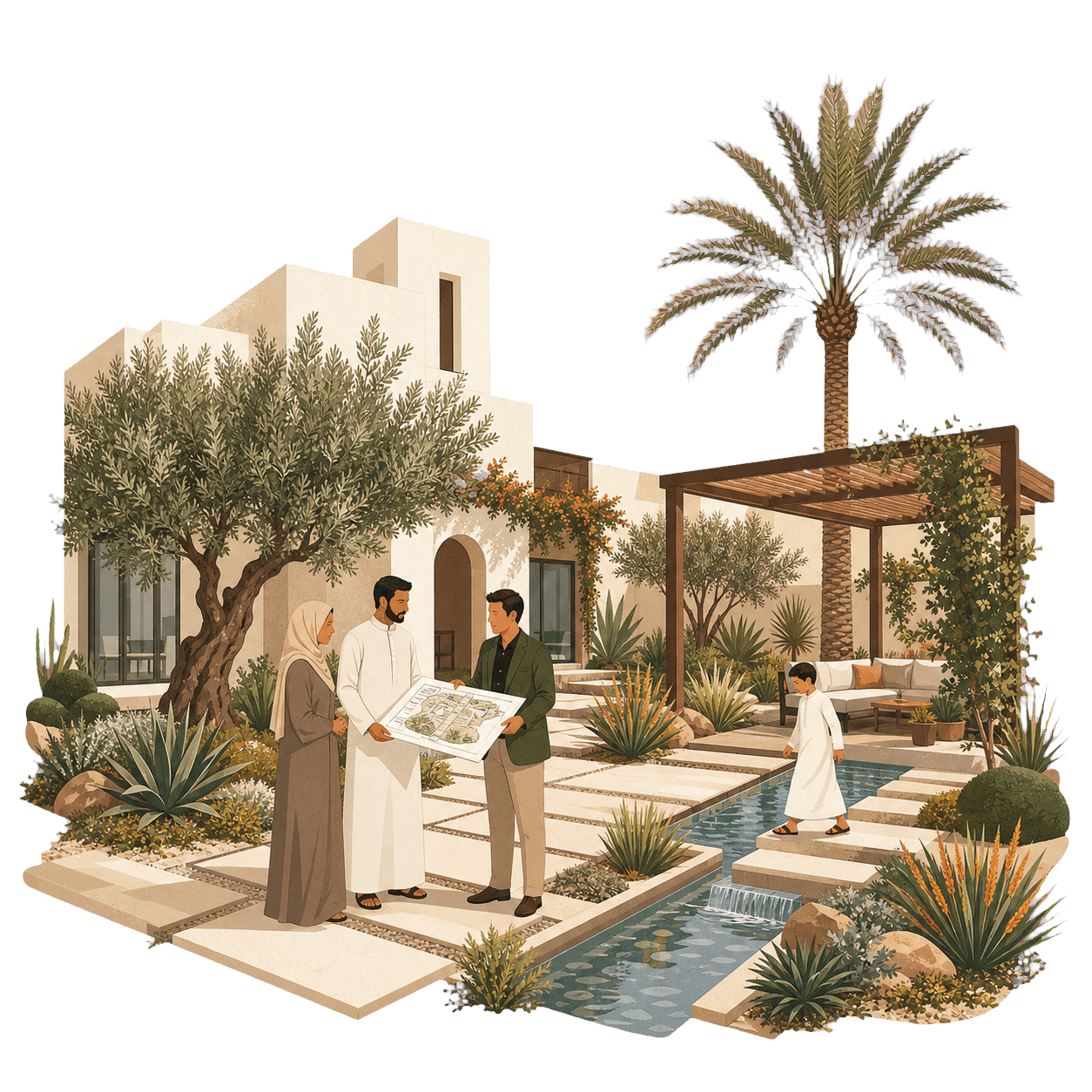 An editorial illustration of residents and a landscape architect in a planted UAE villa garden