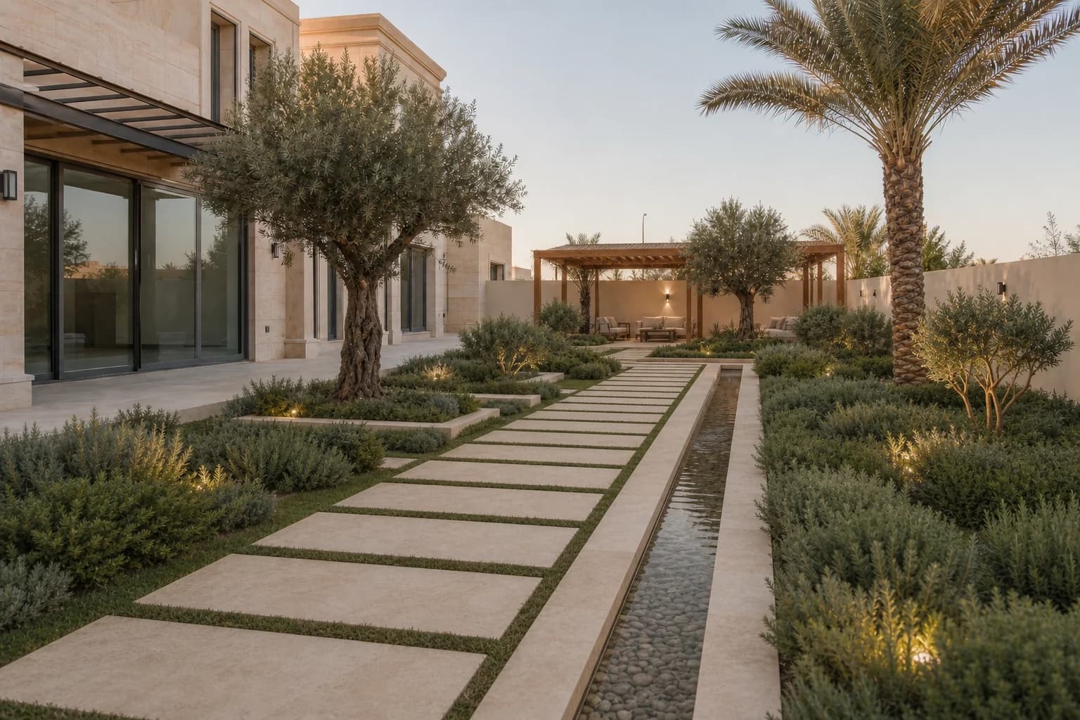 A generated concept of the same courtyard transformed with planting, paths, water and shade