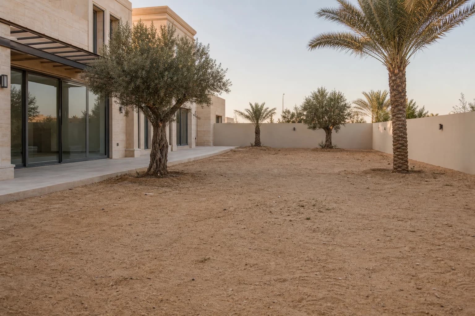 A generated concept of a bare UAE villa courtyard before landscaping