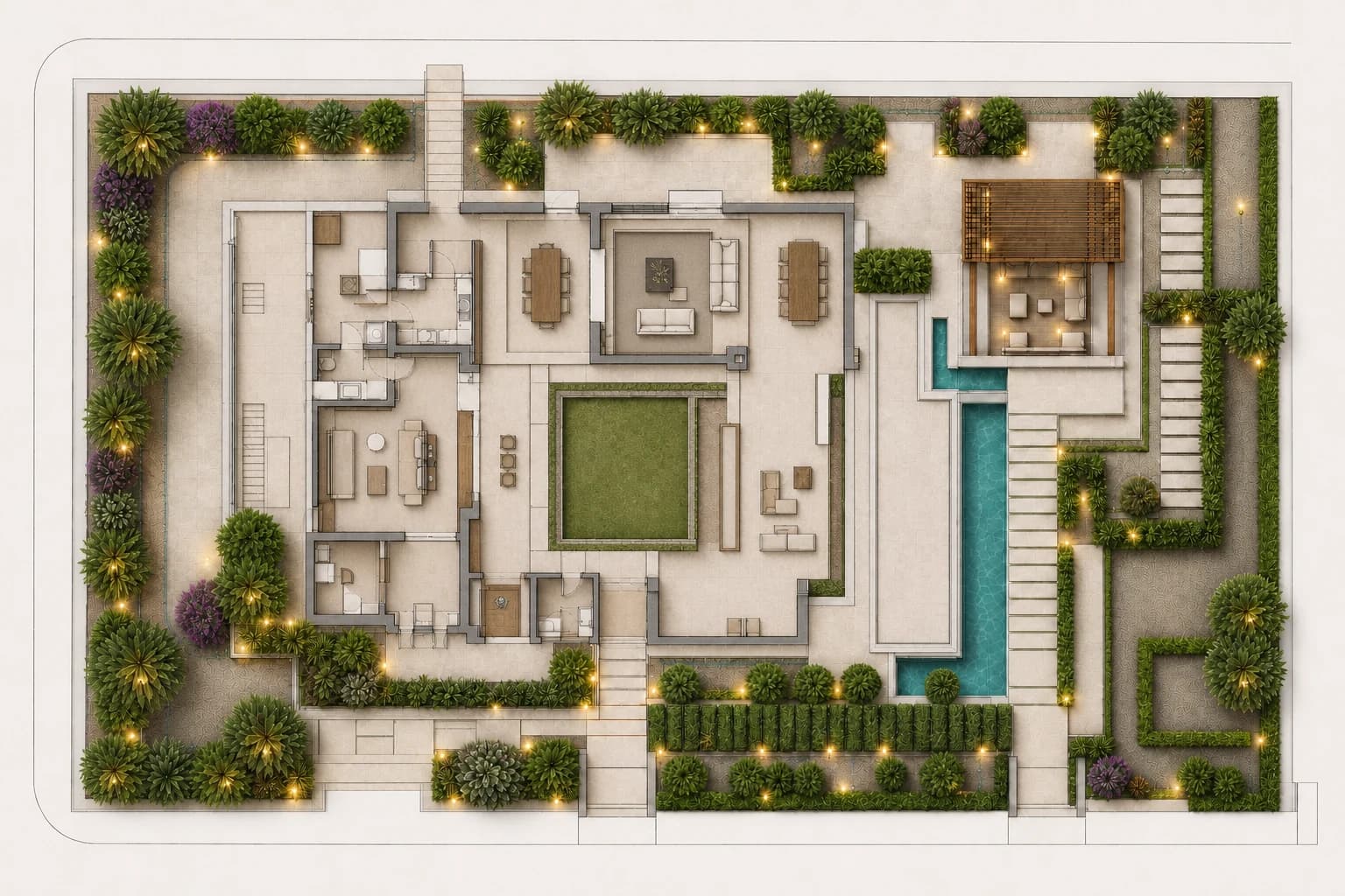 Landscape care plan showing planting, irrigation and renewal priorities around a villa