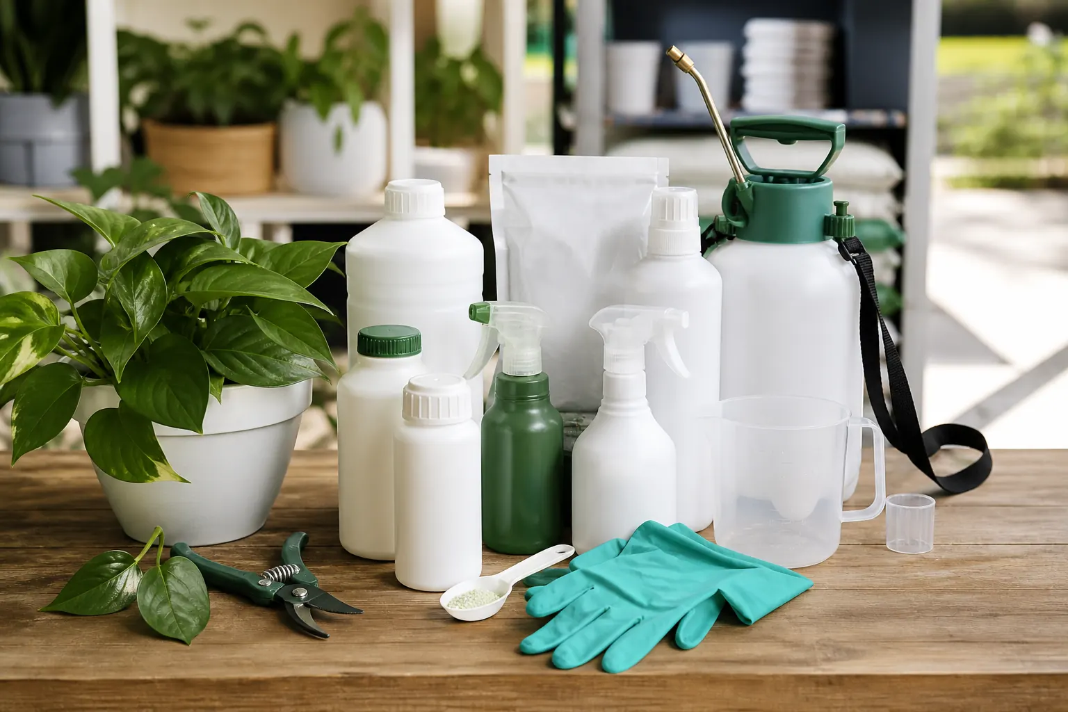 Plant-protection products stored upright in a clean, organized agricultural supply area.