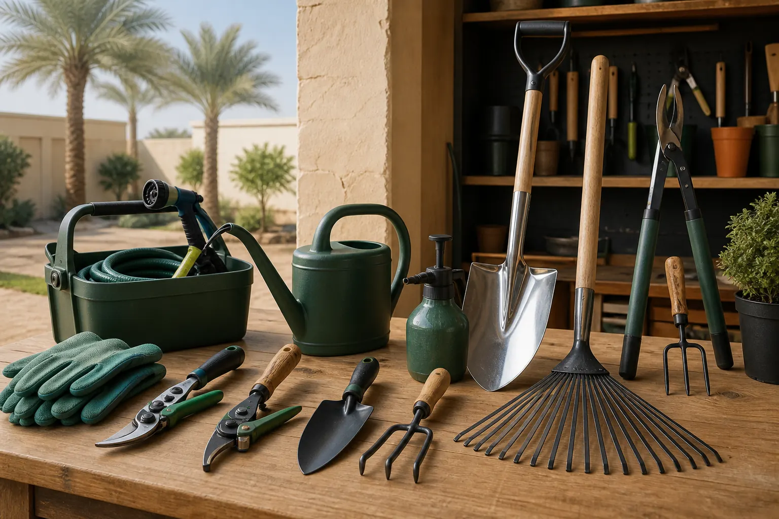 Organized selection of gardening hand tools and agricultural equipment on a clean workbench.