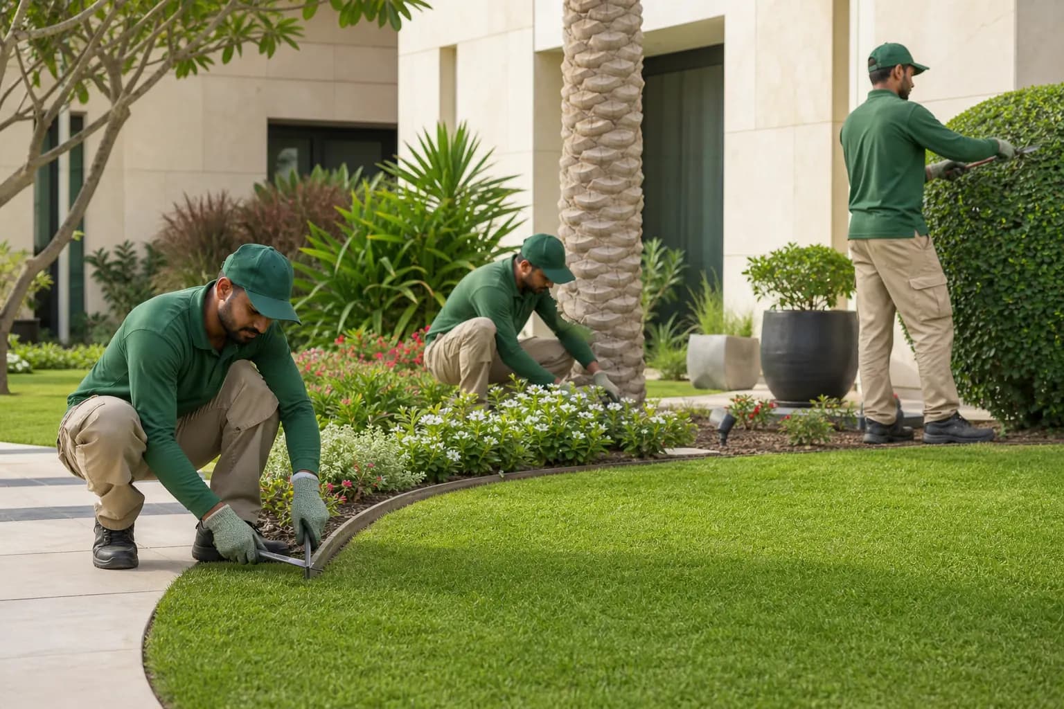 Garden maintenance team caring for lawns, planting beds, and paths at a villa.