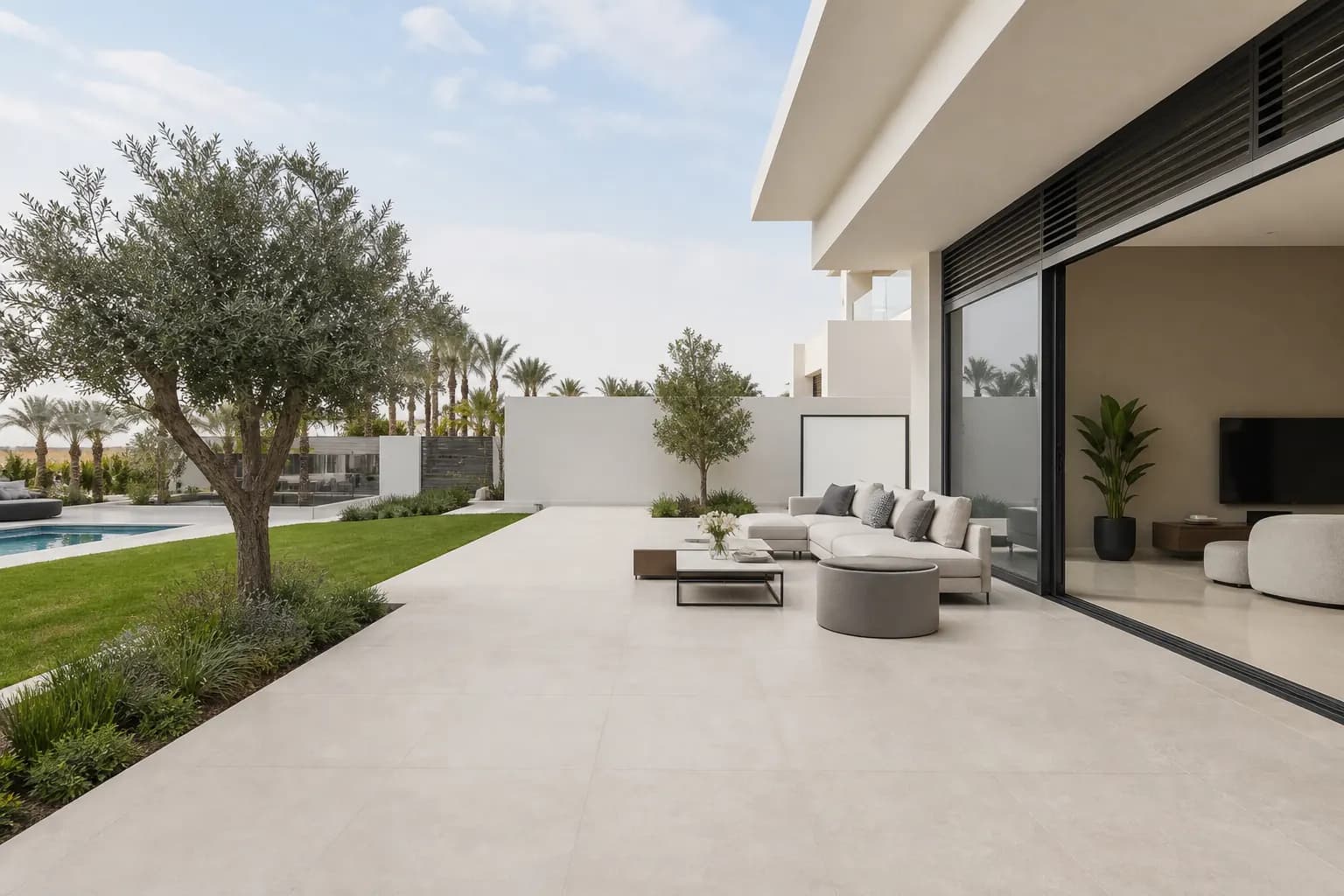 Durable outdoor floor tiles forming a refined terrace beside lush planting.
