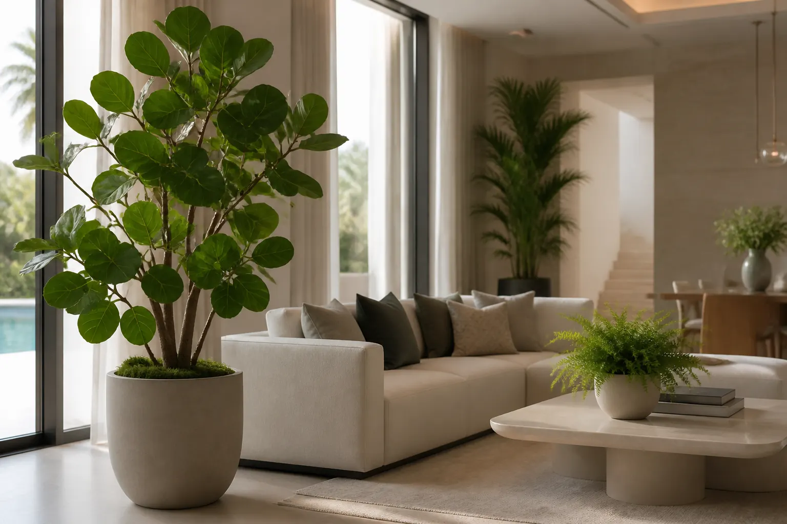 Healthy indoor foliage arranged in a bright contemporary living space.