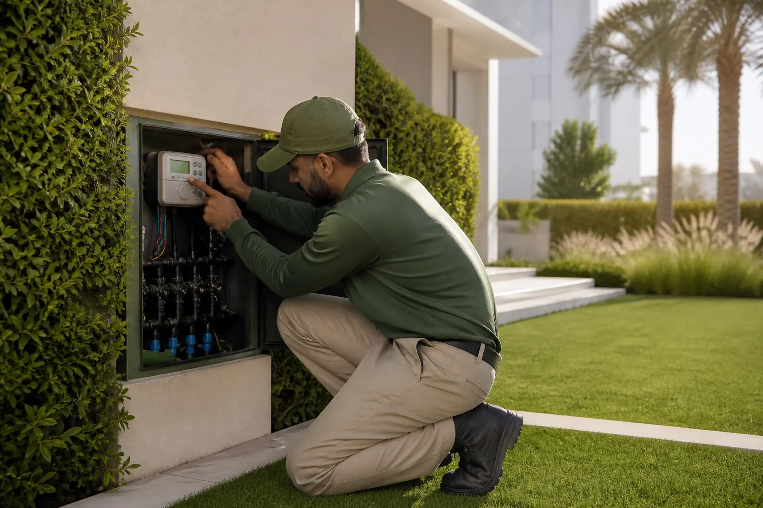 وحدة تحكم ذكية تشغل نظام ري مقسماً إلى مناطق داخل حديقة مزروعة.