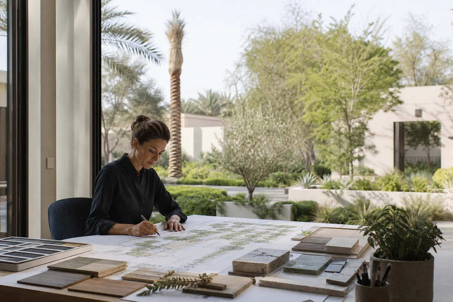 Landscape architect reviewing a garden plan beside a planted UAE villa courtyard.