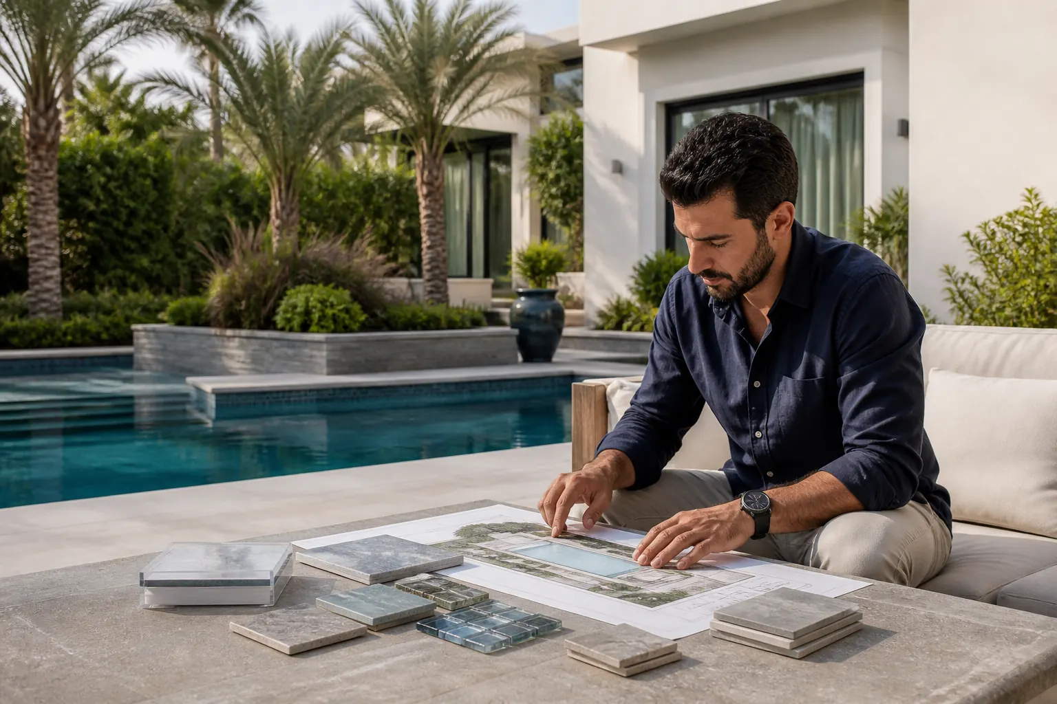 Pool designer reviewing a contemporary swimming pool concept for a landscaped villa.
