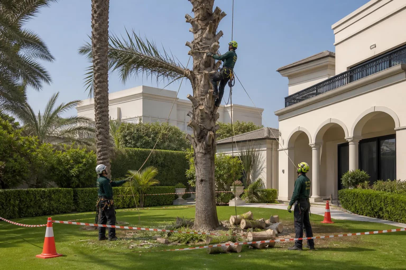 Qualified arborist carrying out controlled tree removal beside a protected work zone.