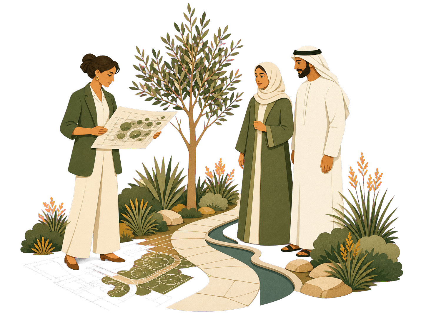 A landscape architect reviewing a garden plan with homeowners