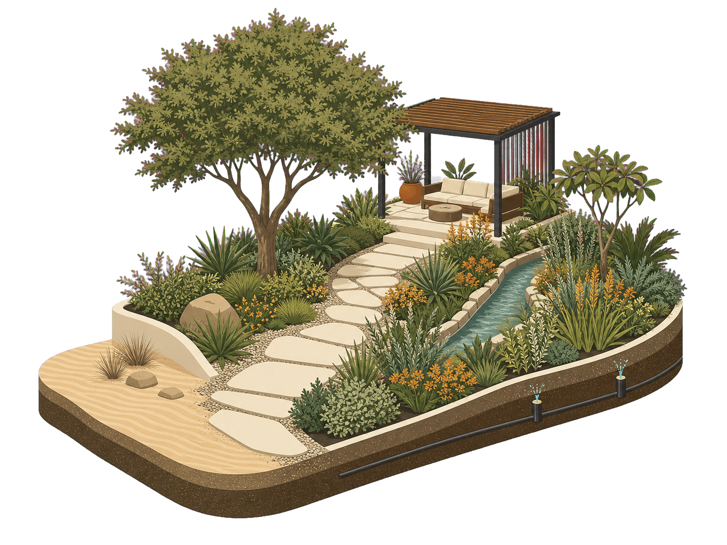 An illustrated climate-ready garden combining shade, irrigation, water and planting