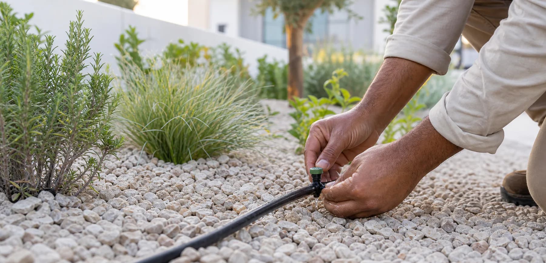 Close view of a gardener checking a drip irrigation line in planted soil