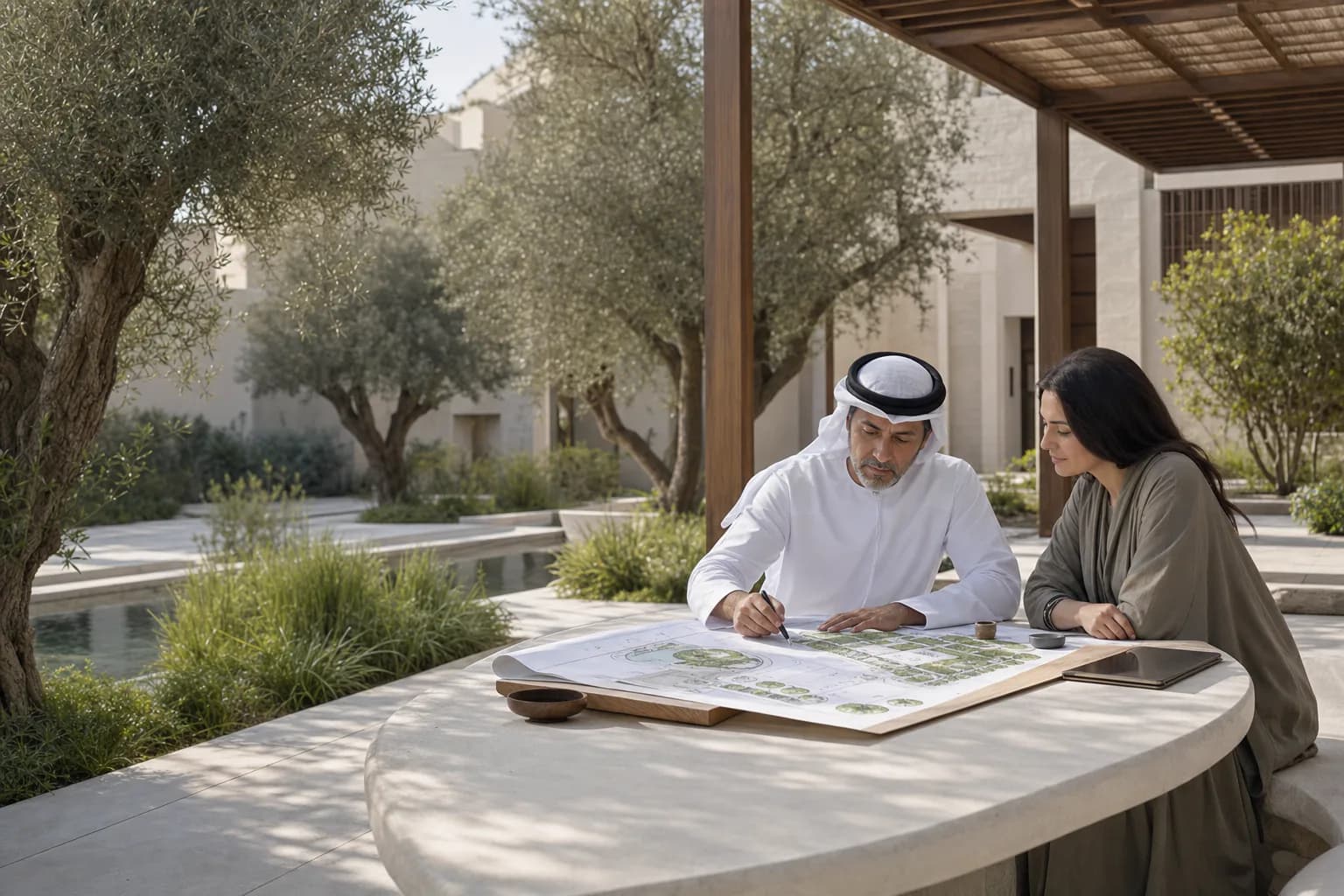 Landscape designer studying a garden plan beside a sunlit UAE villa