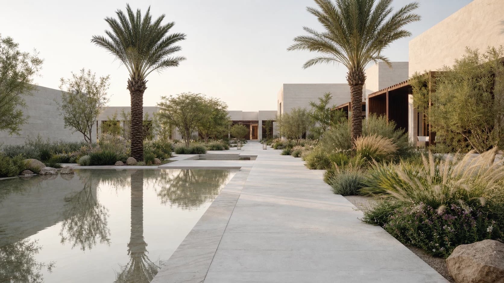 Palm-lined hospitality courtyard with a reflecting pool, pale stone path and layered climate-ready planting